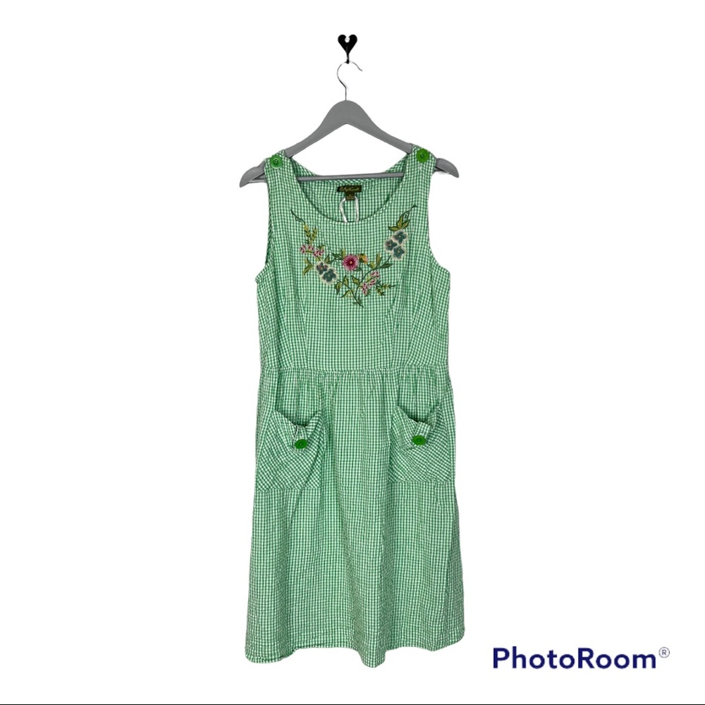 April Cornell jumper dress Green gingham embroidered size M